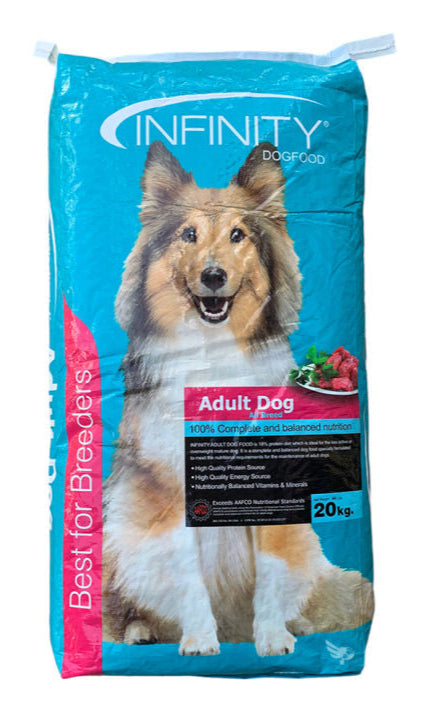Infinity Dog Food packaging with a dog on the front on a white background